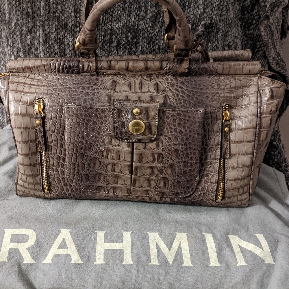 Brahmin Crocodile Embossed Leather Bag in Taupe Brown
